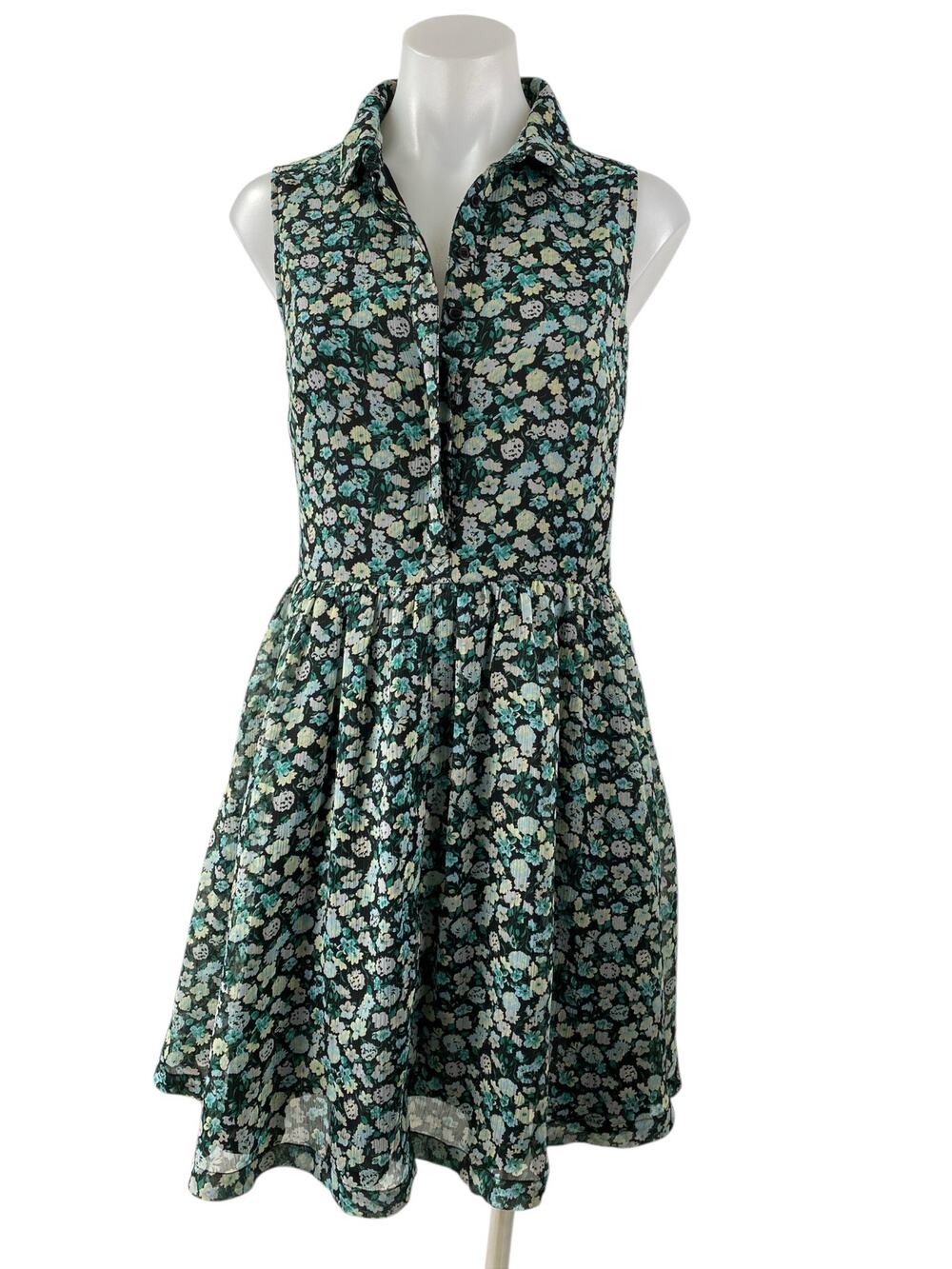 French Connection Green Floral Sleeveless Button Front Fit & Flare Mini Dress 4